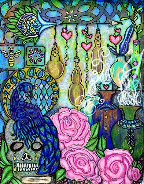 11x14 mixed media on paper displaying a skull, peacock, jars and pink roses created by Kimberly McGuiness
