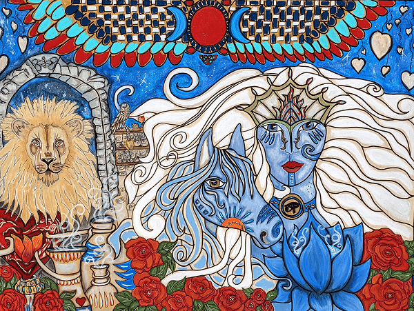 woman with white hair, blue skine tone with a lion, horse and owl and roses