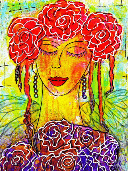 a colorful woman with wings and red and purple roses