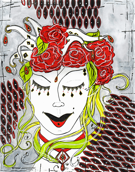 harlaqwin style woman with red roses in her hair