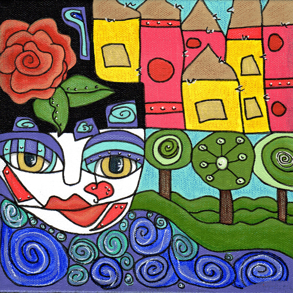 colorful character and houses inpisred by hundertwasser
