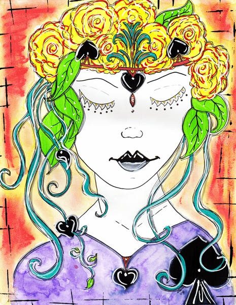 a white faced woman with black spades and yellow roses in her hair
