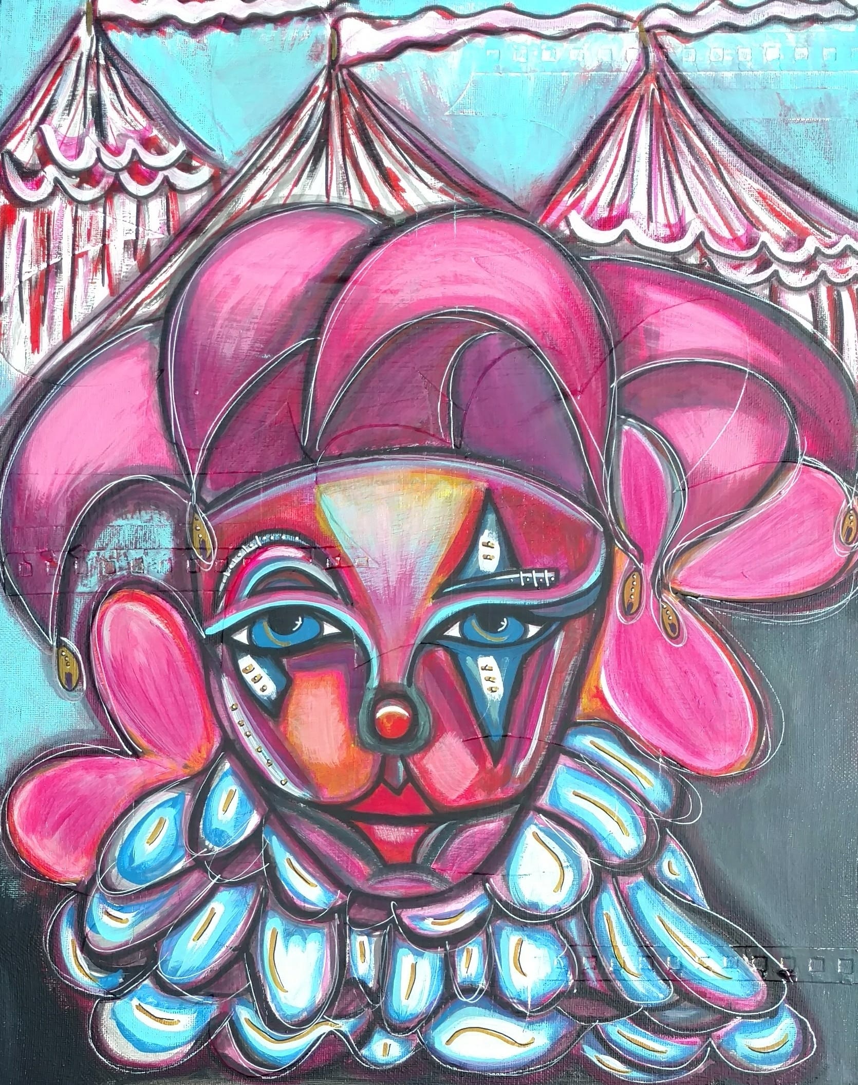 clown wearng a pink hat and white ruffles standing in front of 3 circus tents