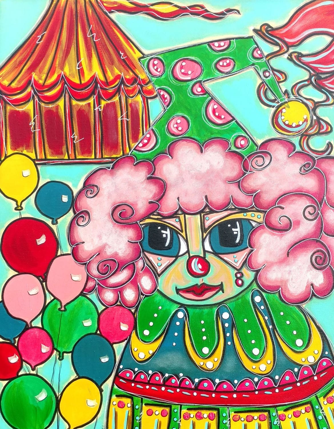 a clown with pink hair and green hat selling colorful balloons