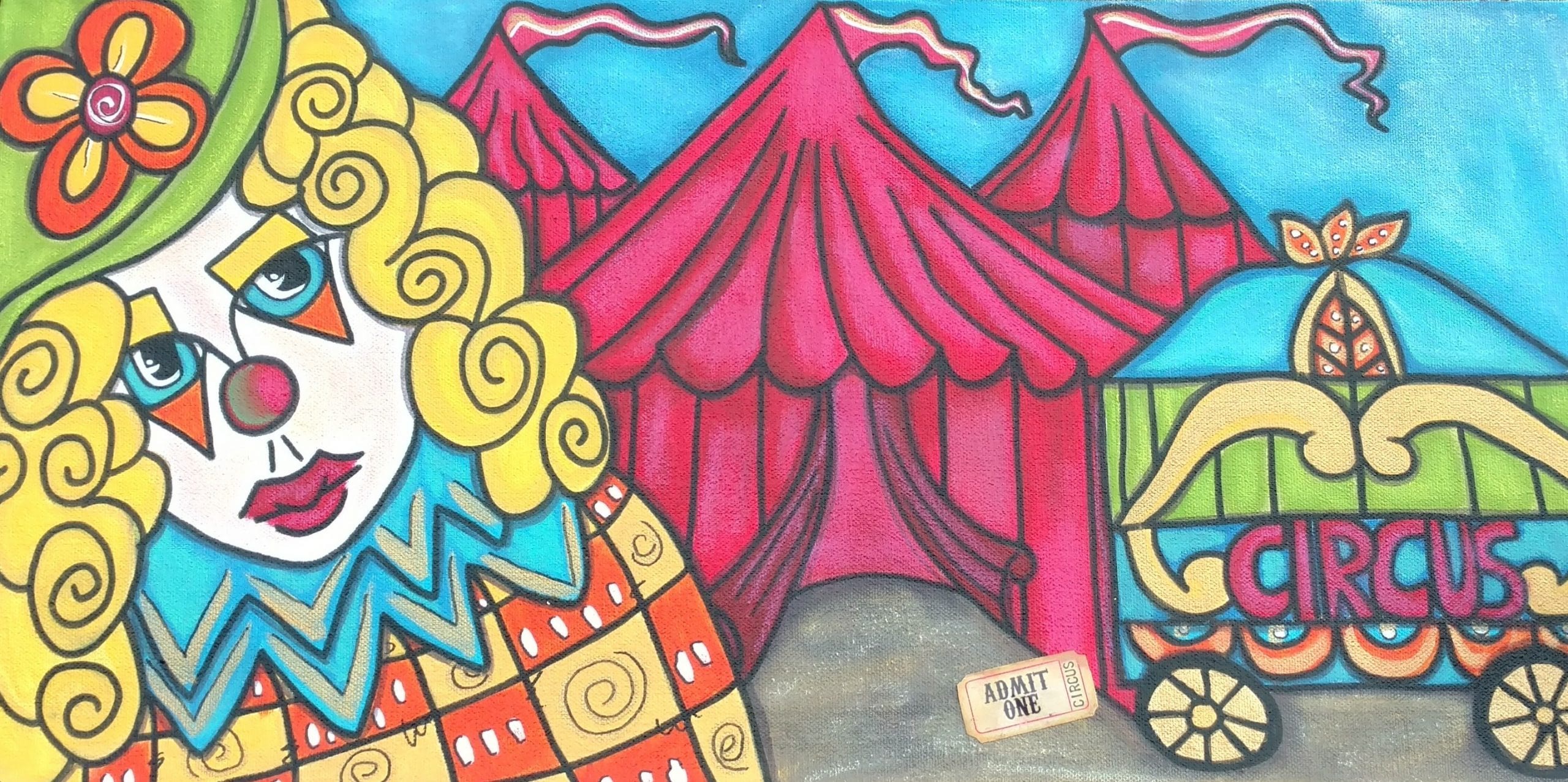 a clown with yellow hair and green hat infron of a circus tent and wagon