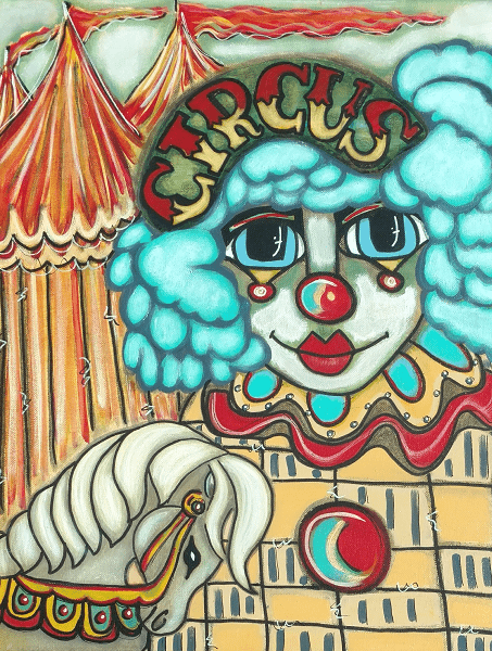 blue haired clown and gorse in front of circus tents