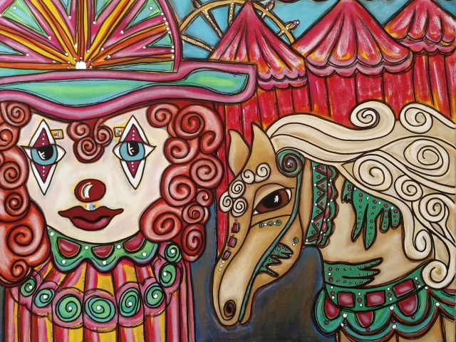 a red headed clown and tan horse infront of red circus tents