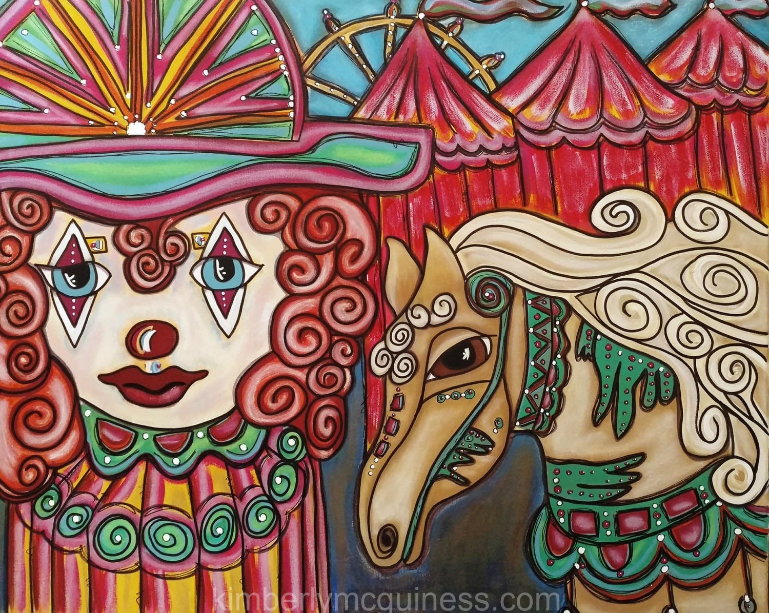 a red headed clown and tan horse infront of red circus tents