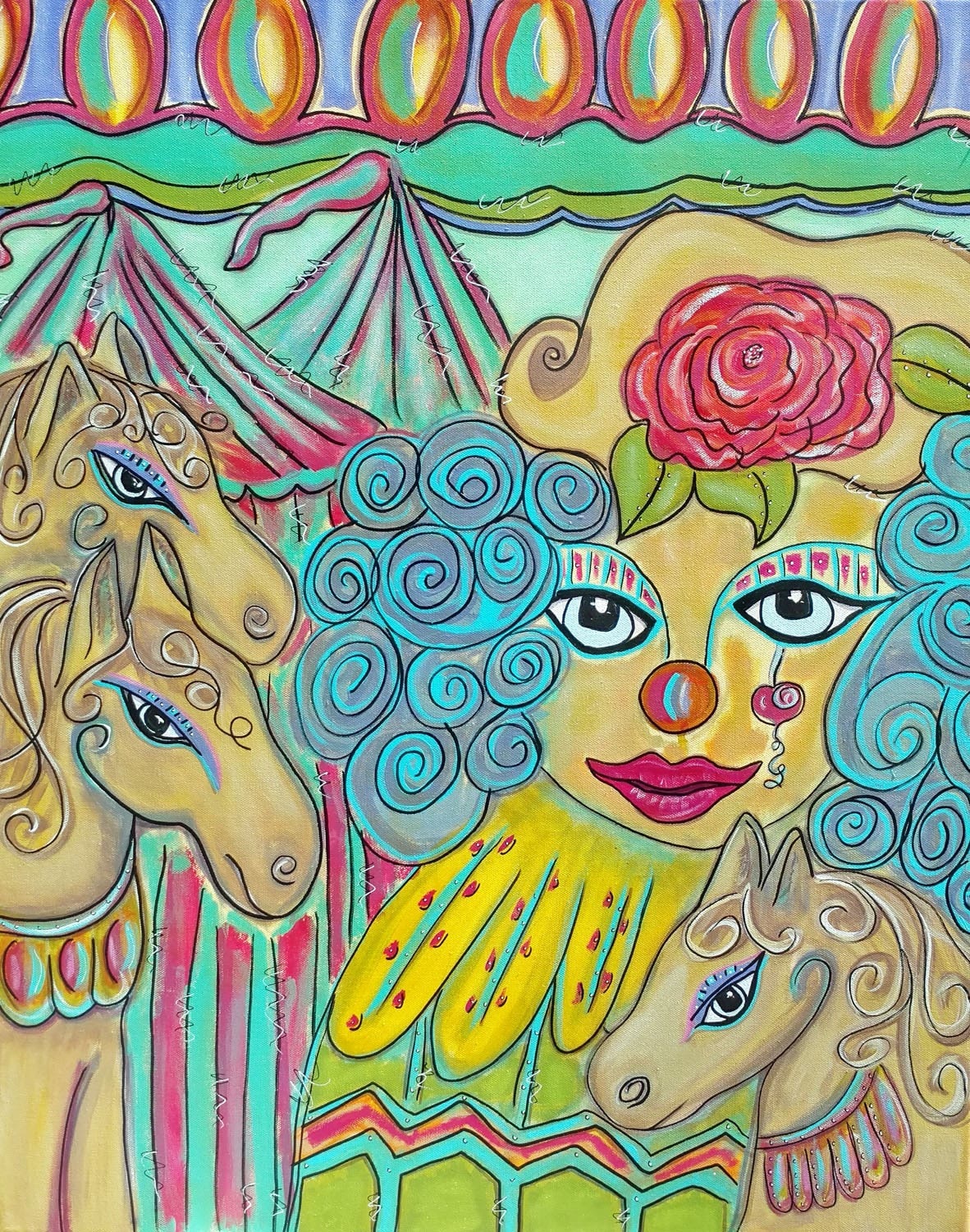 a blue haired clown with 3 horses in front of circus tents