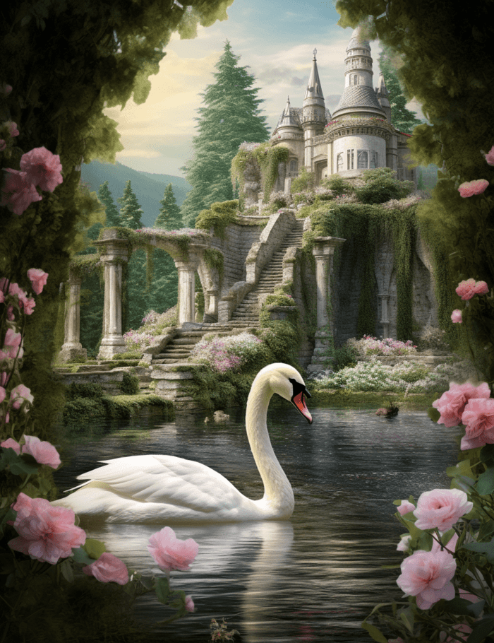 swan_lake_trailing_roses_twining_up_ancient_columns_lush_landscape