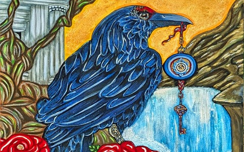 blue raven holding a red thread with a clock and key sitting among red roses