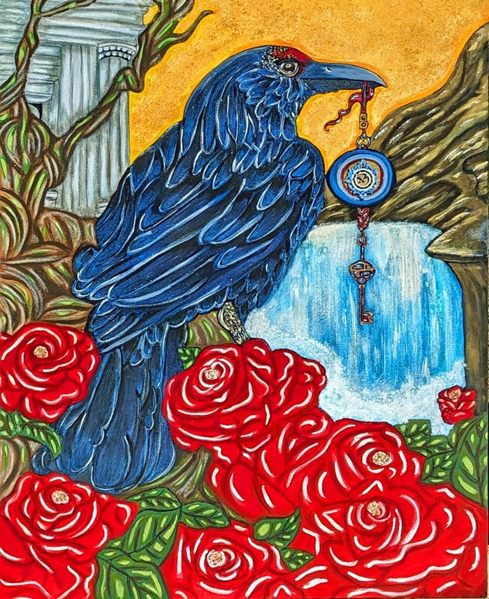 blue raven holding a red thread with a clock and key above red roses