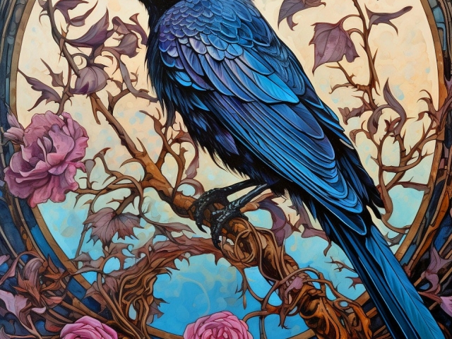 Blue Raven and Pink Roses