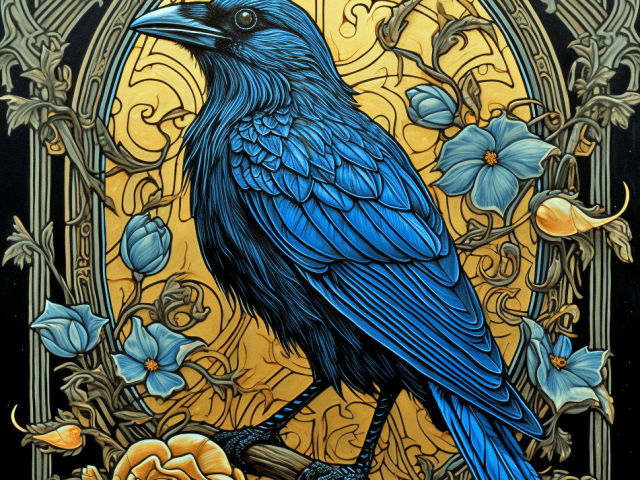 Blue Raven with blue and ocher roses