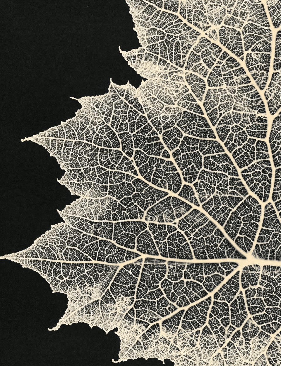 Cream & White Skeleton Leaf on black background