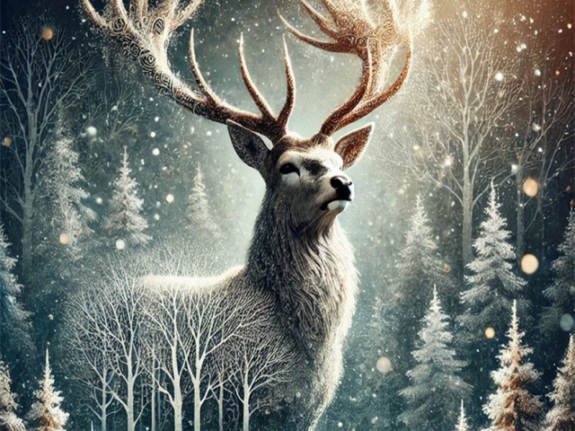 Stag in a wintery forest scene